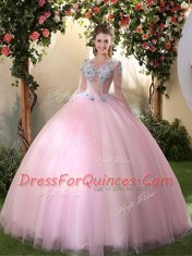 Adorable Scoop Floor Length Ball Gowns Long Sleeves Baby Pink Sweet 16 Quinceanera Dress Lace Up