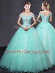 Extravagant Off the Shoulder Sleeveless Floor Length Appliques Lace Up Sweet 16 Dresses with Apple Green