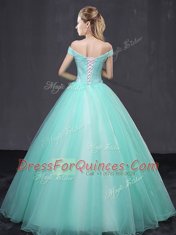 Extravagant Off the Shoulder Sleeveless Floor Length Appliques Lace Up Sweet 16 Dresses with Apple Green
