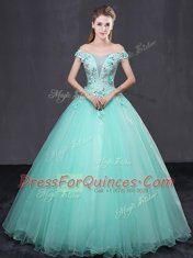 Extravagant Off the Shoulder Sleeveless Floor Length Appliques Lace Up Sweet 16 Dresses with Apple Green