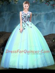 Ideal Tulle V-neck Sleeveless Lace Up Appliques 15 Quinceanera Dress in Multi-color