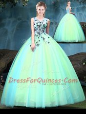 Ideal Tulle V-neck Sleeveless Lace Up Appliques 15 Quinceanera Dress in Multi-color