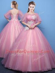 Fancy Scoop Pink Half Sleeves Tulle Lace Up Sweet 16 Dresses for Military Ball and Sweet 16 and Quinceanera