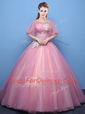 Fancy Scoop Pink Half Sleeves Tulle Lace Up Sweet 16 Dresses for Military Ball and Sweet 16 and Quinceanera