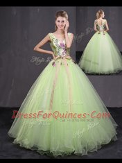 Sleeveless Floor Length Appliques and Belt Lace Up Quinceanera Dress with Yellow Green