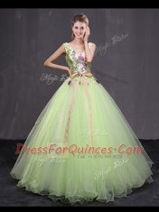Sleeveless Floor Length Appliques and Belt Lace Up Quinceanera Dress with Yellow Green