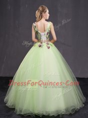 Sleeveless Floor Length Appliques and Belt Lace Up Quinceanera Dress with Yellow Green