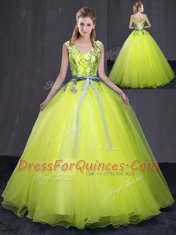 Yellow Green Quinceanera Gowns Military Ball and Sweet 16 and Quinceanera and For with Appliques and Belt V-neck Sleeveless Lace Up