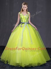 Yellow Green Quinceanera Gowns Military Ball and Sweet 16 and Quinceanera and For with Appliques and Belt V-neck Sleeveless Lace Up