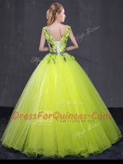 Yellow Green Quinceanera Gowns Military Ball and Sweet 16 and Quinceanera and For with Appliques and Belt V-neck Sleeveless Lace Up