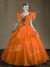 Shining Floor Length Ball Gowns Sleeveless Orange Red Quinceanera Dress Lace Up