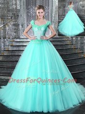 Custom Design Straps Aqua Blue Tulle Lace Up Ball Gown Prom Dress Sleeveless With Brush Train Beading and Appliques