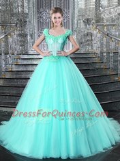 Custom Design Straps Aqua Blue Tulle Lace Up Ball Gown Prom Dress Sleeveless With Brush Train Beading and Appliques