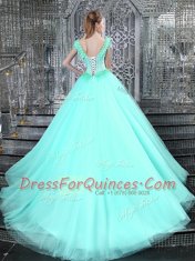 Custom Design Straps Aqua Blue Tulle Lace Up Ball Gown Prom Dress Sleeveless With Brush Train Beading and Appliques