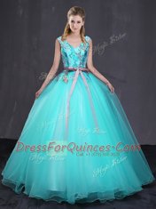 V-neck Sleeveless Tulle Ball Gown Prom Dress Appliques and Belt Lace Up