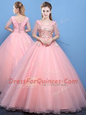 Baby Pink Tulle Lace Up Quince Ball Gowns Half Sleeves Floor Length Appliques