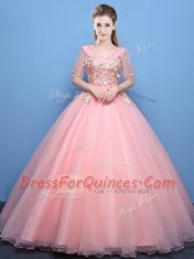 Baby Pink Tulle Lace Up Quince Ball Gowns Half Sleeves Floor Length Appliques