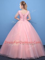 Baby Pink Tulle Lace Up Quince Ball Gowns Half Sleeves Floor Length Appliques