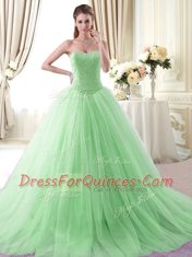 Apple Green Ball Gowns Sweetheart Sleeveless Tulle With Brush Train Lace Up Beading Quinceanera Dress