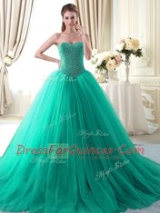 Apple Green Ball Gowns Sweetheart Sleeveless Tulle With Brush Train Lace Up Beading Quinceanera Dress
