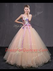Traditional Peach Sleeveless Floor Length Appliques and Belt Lace Up Quince Ball Gowns