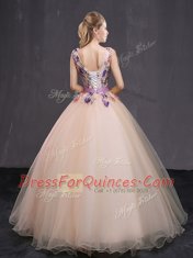 Traditional Peach Sleeveless Floor Length Appliques and Belt Lace Up Quince Ball Gowns