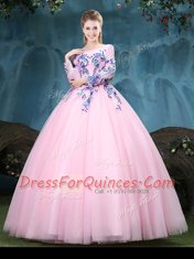 Inexpensive Scoop Long Sleeves Floor Length Lace Up Sweet 16 Dress Baby Pink for Military Ball and Sweet 16 and Quinceanera with Appliques
