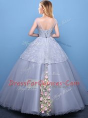 Beauteous Grey Tulle Lace Up Scoop Cap Sleeves Floor Length Quince Ball Gowns Appliques