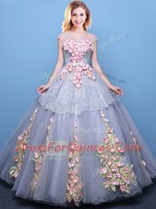 Beauteous Grey Tulle Lace Up Scoop Cap Sleeves Floor Length Quince Ball Gowns Appliques