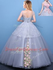 Beauteous Grey Tulle Lace Up Scoop Cap Sleeves Floor Length Quince Ball Gowns Appliques