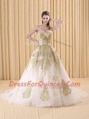 Clearance White Sleeveless Organza Sweep Train Lace Up Quinceanera Dresses for Military Ball and Sweet 16 and Quinceanera