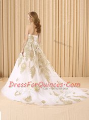 Clearance White Sleeveless Organza Sweep Train Lace Up Quinceanera Dresses for Military Ball and Sweet 16 and Quinceanera