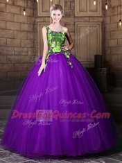 One Shoulder Sleeveless Floor Length Pattern Lace Up Ball Gown Prom Dress with Eggplant Purple