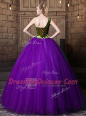 One Shoulder Sleeveless Floor Length Pattern Lace Up Ball Gown Prom Dress with Eggplant Purple