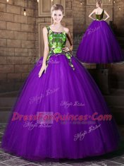 One Shoulder Sleeveless Floor Length Pattern Lace Up Ball Gown Prom Dress with Eggplant Purple
