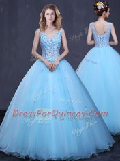 Comfortable Floor Length Ball Gowns Sleeveless Light Blue 15 Quinceanera Dress Lace Up