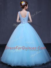 Comfortable Floor Length Ball Gowns Sleeveless Light Blue 15 Quinceanera Dress Lace Up