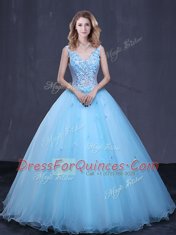 Comfortable Floor Length Ball Gowns Sleeveless Light Blue 15 Quinceanera Dress Lace Up