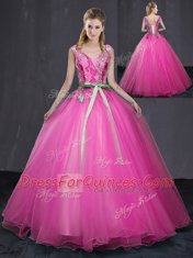 Appliques and Belt Quinceanera Dresses Hot Pink Lace Up Sleeveless Floor Length