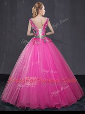 Appliques and Belt Quinceanera Dresses Hot Pink Lace Up Sleeveless Floor Length