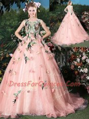 Delicate Scoop Sleeveless Brush Train Appliques Lace Up 15th Birthday Dress
