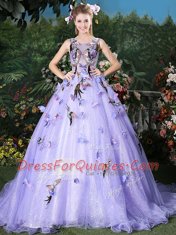 High Class Lavender Quinceanera Dress Scoop Sleeveless Brush Train Lace Up