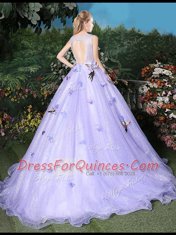 High Class Lavender Quinceanera Dress Scoop Sleeveless Brush Train Lace Up