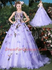 High Class Lavender Quinceanera Dress Scoop Sleeveless Brush Train Lace Up