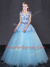 High Class Light Blue Sleeveless Floor Length Appliques Lace Up Sweet 16 Dress