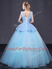 High Class Light Blue Sleeveless Floor Length Appliques Lace Up Sweet 16 Dress