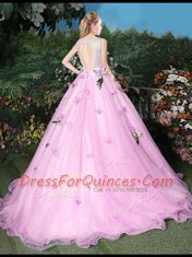 Delicate Scoop Sleeveless Organza Brush Train Lace Up Quinceanera Dresses in Lilac with Appliques