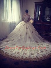 Scoop White Ball Gowns Appliques Vestidos de Quinceanera Zipper Tulle Long Sleeves With Train