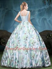 Luxurious Straps Sleeveless Ball Gown Prom Dress Floor Length Appliques and Pattern Multi-color Tulle