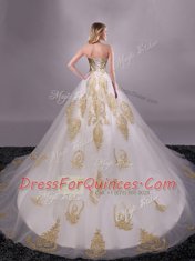 Sexy White Tulle Lace Up Sweetheart Sleeveless With Train Sweet 16 Dresses Brush Train Appliques